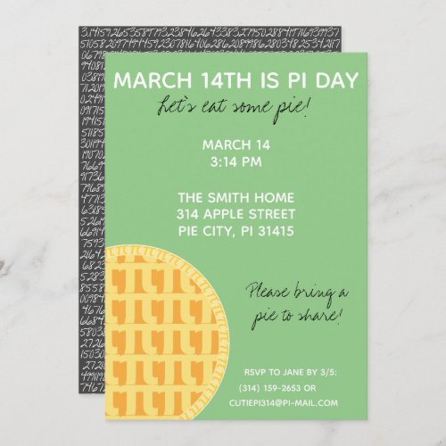 Pi Day Party Invitation w Pi Digits on Back