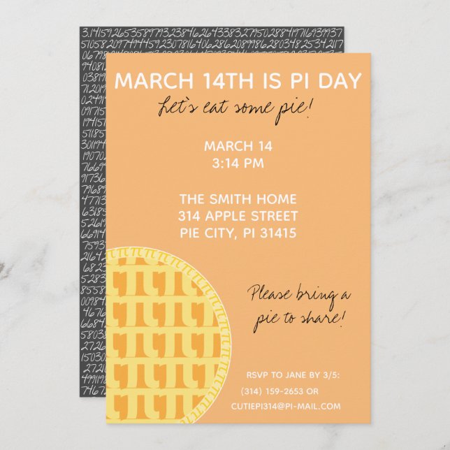 Pi Day Party Invitation w/ Pi Digits on Back! (Front/Back)