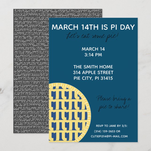 Pi Day Party Invitation w/ Pi Digits on Back! (Front/Back)