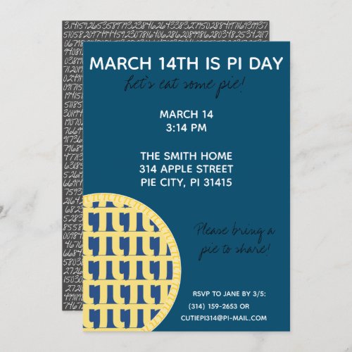 Pi Day Party Invitation w Pi Digits on Back