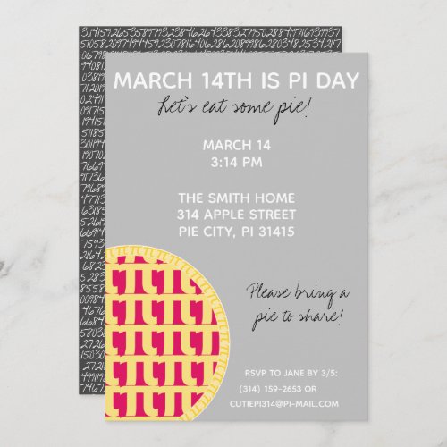 Pi Day Party Invitation w Pi Digits on Back