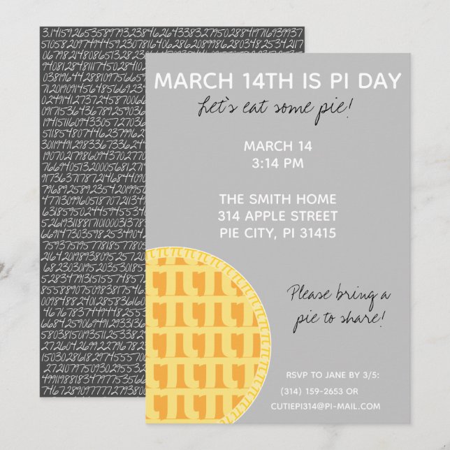 Pi Day Party Invitation w/ Pi Digits on Back! (Front/Back)