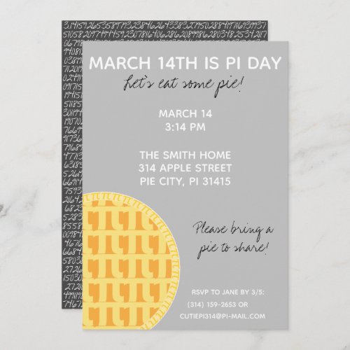 Pi Day Party Invitation w Pi Digits on Back