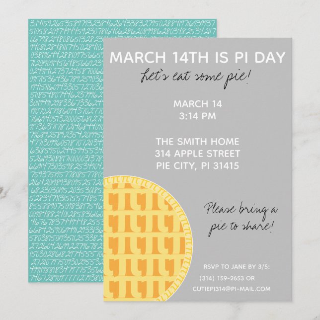 Pi Day Party Invitation w/ Pi Digits on Back! (Front/Back)