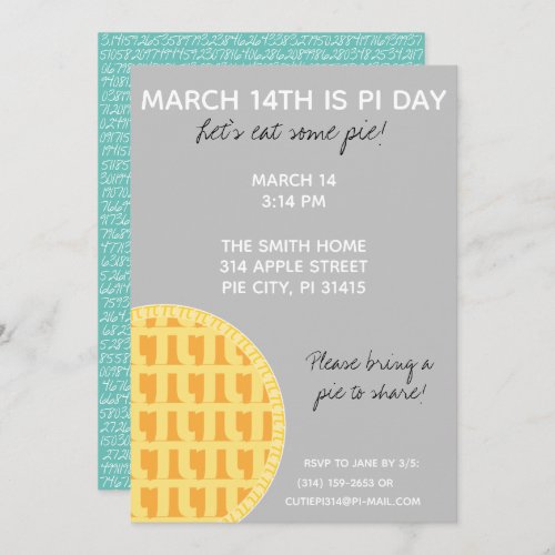 Pi Day Party Invitation w Pi Digits on Back