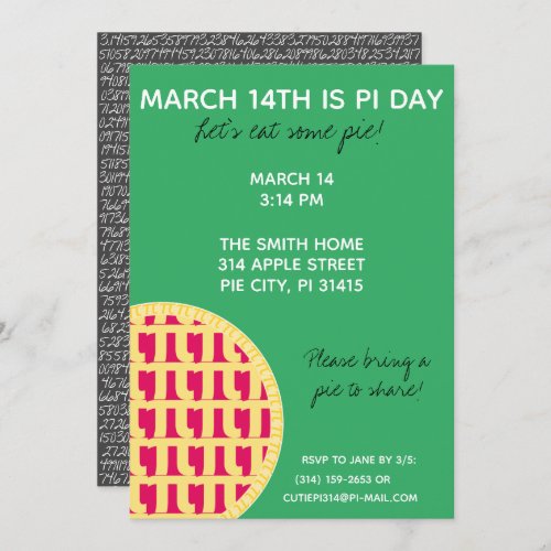 Pi Day Party Invitation w Pi Digits on Back