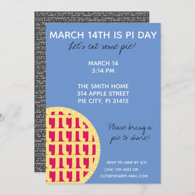 Pi Day Party Invitation w/ Pi Digits on Back! (Front/Back)
