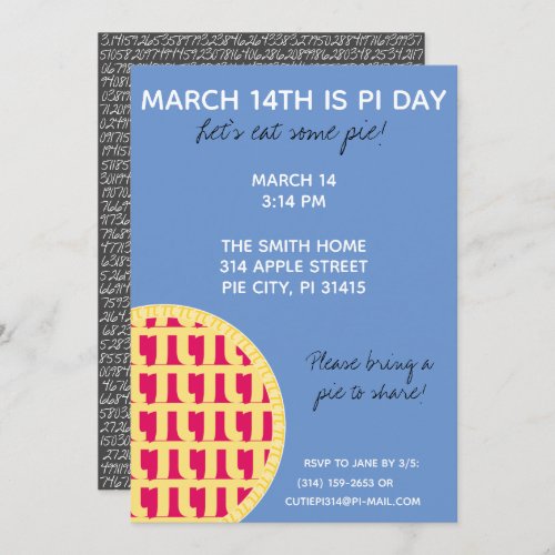 Pi Day Party Invitation w Pi Digits on Back