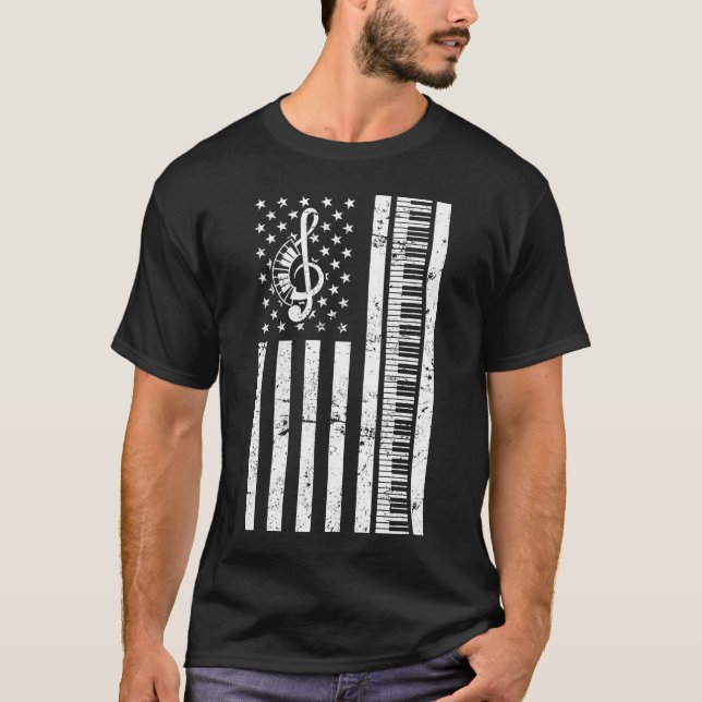 Pianist Keyboard Piano American Flag T-Shirt (Front)