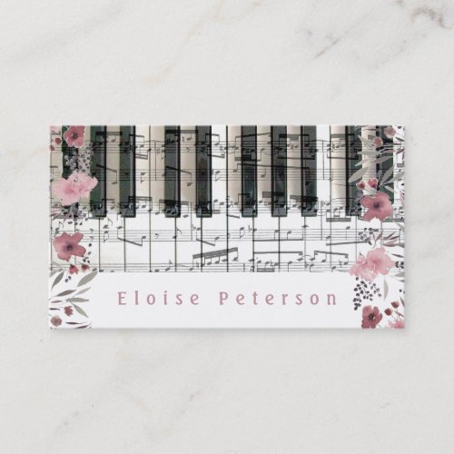 pianist keys and pink watercolor flowers business card