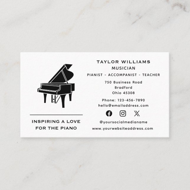 Pianist Piano Teacher Accompanist Fun Social Media Business Card (Front)