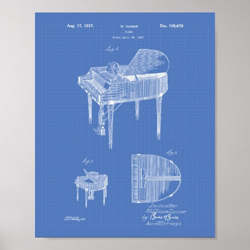 Piano 1937 Patent Art Blueprint Poster