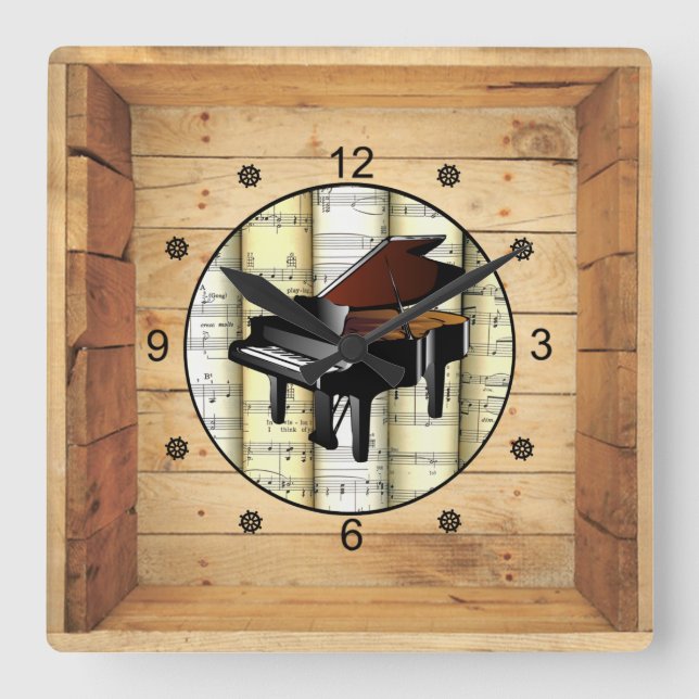 Piano ~ 3 Dimensional ~ Folk Art Box ~ Square Wall Clock (Front)