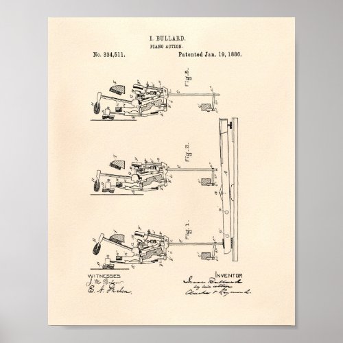 Piano Action 1886 Patent Art Old Peper Poster