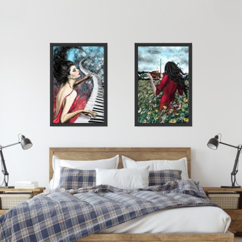 Piano and Violin Player Women In Red Wall Art Set