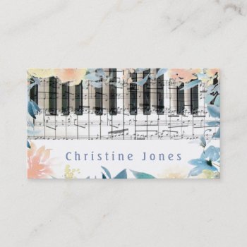 Piano And Watercolor Flowers Border Business Card by musickitten at Zazzle
