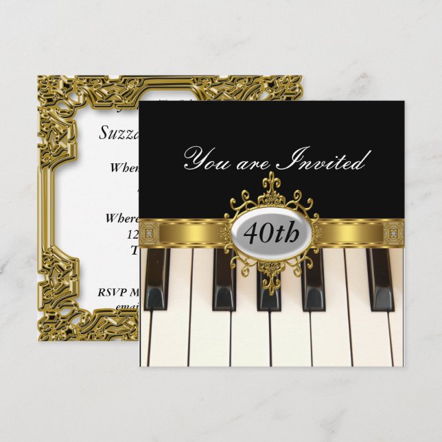 Piano Black  Birthday Party Glamour Invitation (Front/Back)