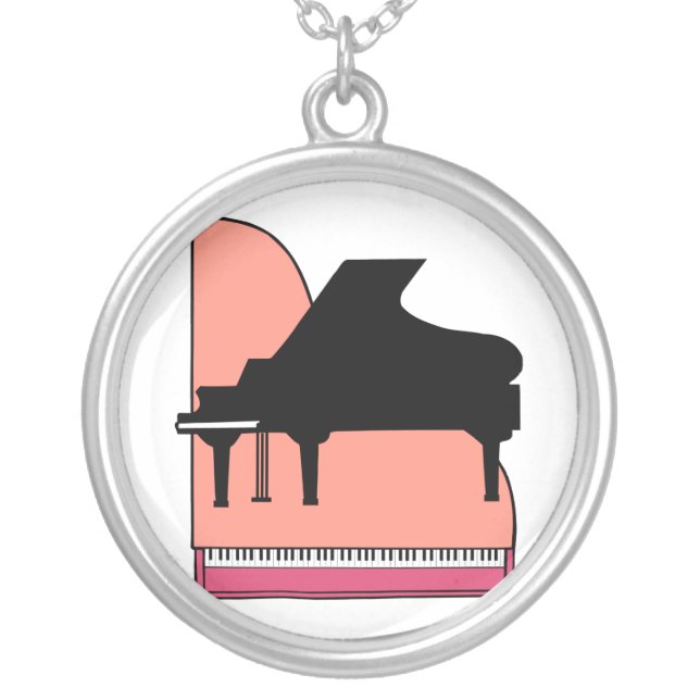 Piano Black Sillouette Pink Top View Silver Plated Necklace (Front)