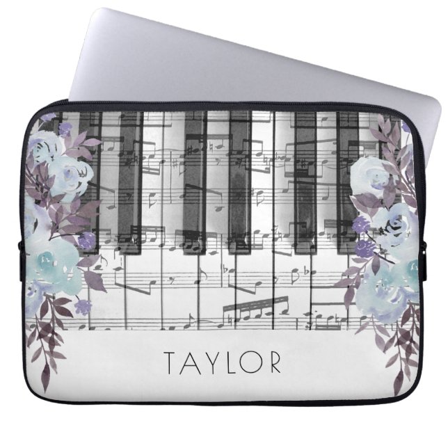 Piano blue flowers custom name laptop sleeve (Front)