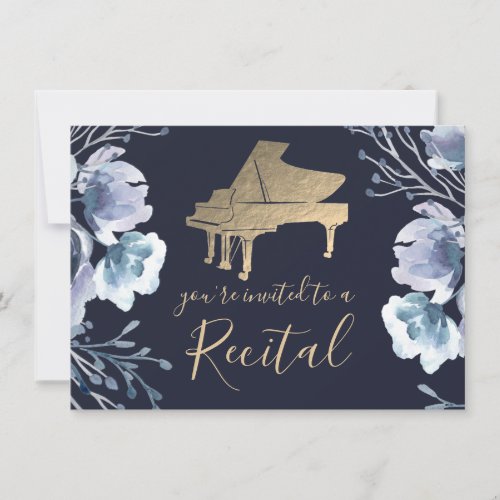 piano blue watercolor floral invitation