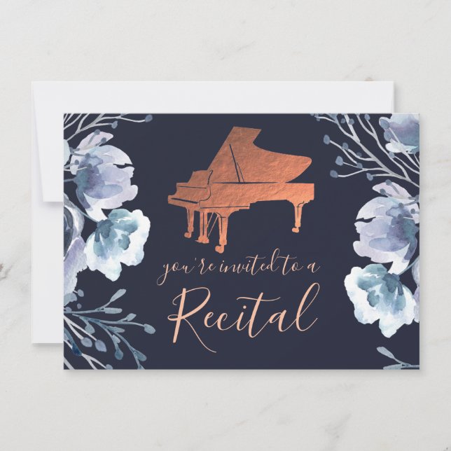 piano blue watercolor flowers invitation (Front)