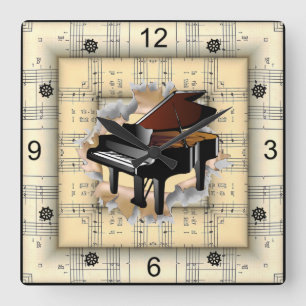 Piano Breaking Through Strange Sheet Music ~  Square Wall Clock
