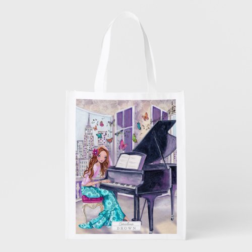 Piano Butterfly Music Girl _ shopping grocery bag