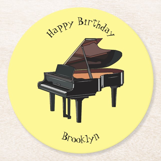 Piano cartoon illustration round paper coaster (Front)