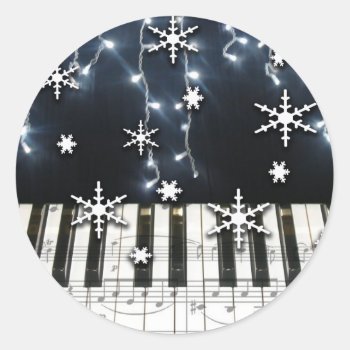 Piano Christmas Snowflake Keyboard Classic Round Sticker by dreamlyn at Zazzle