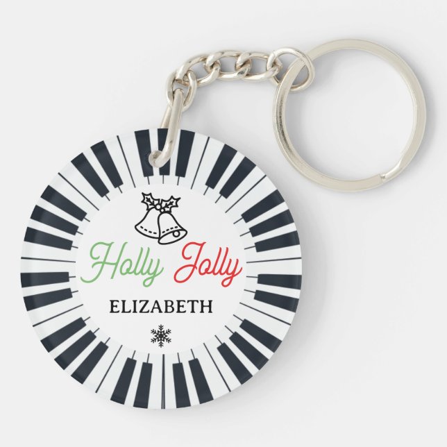 Piano Circle Key Holly Jolly Pianist Christmas Keychain (Back)