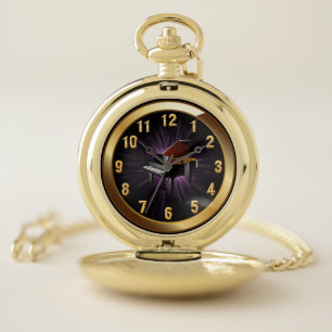 Piano ~ Classy Black Gold & Purple Glow Background Pocket Watch