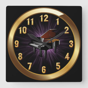 Piano ~ Classy Black Gold & Purple Glow Background Square Wall Clock