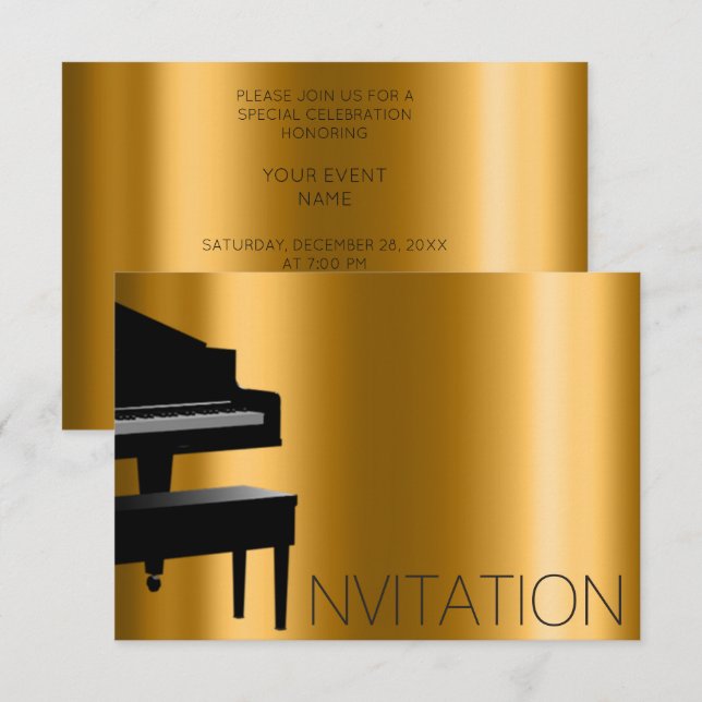 Piano Concert Formal Minimalism Vip Black Gold Invitation (Front/Back)