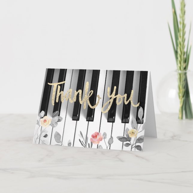 piano faux gold foil and roses thank you card (Front)