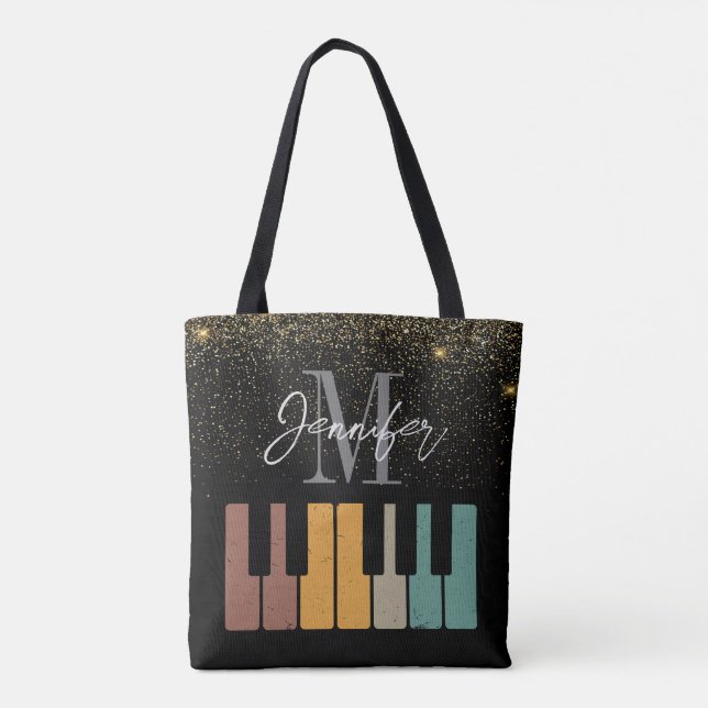 Piano Glitter Gold Monogram Name Personalized  Tote Bag (Back)