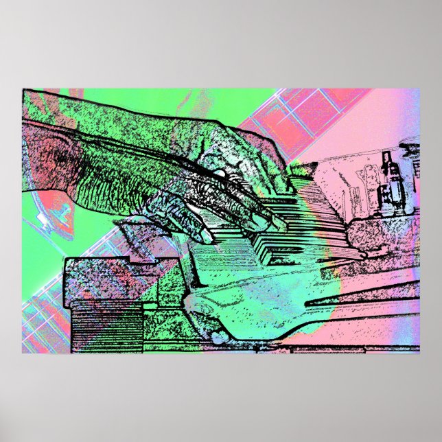 Piano hands over saturated guitar hand neck poster (Front)