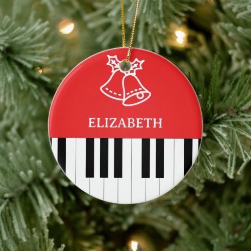 Piano Key Jingle Bell Christmas Red Ceramic Ornament