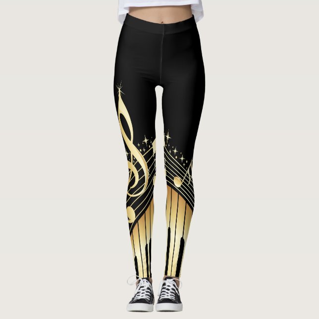 Piano Key Musical Notes Gold Music Leggings (Front)