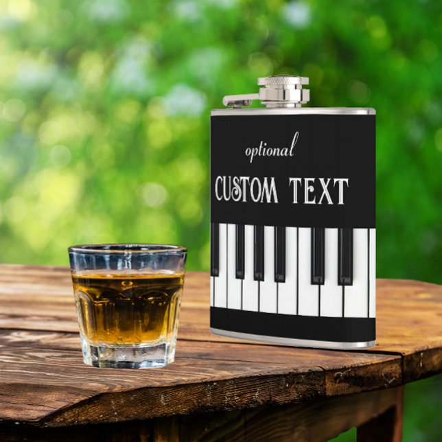 Piano Keyboard and customizable text black & white Flask (Piano keyboard hip flask with optional text)