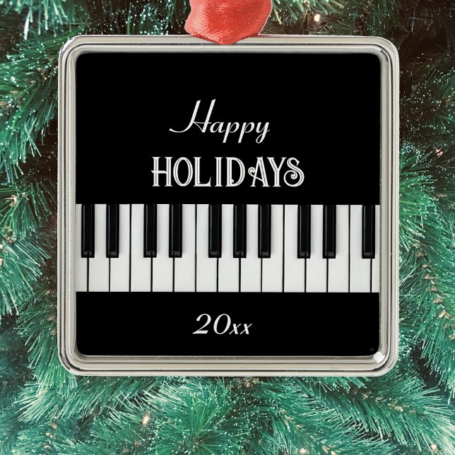 Piano Keyboard and customizable text black & white Metal Ornament (piano keyboard customizable Christmas decor )