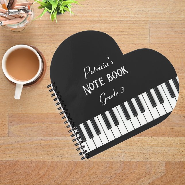 Piano Keyboard and customizable text black & white Notebook (Piano keyboard on black background with customizable script heart-shaped notebook
)