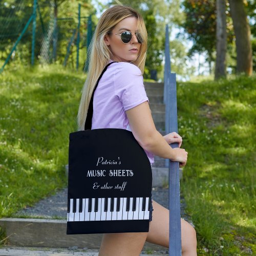 Piano keyboard and customizable text black  white tote bag