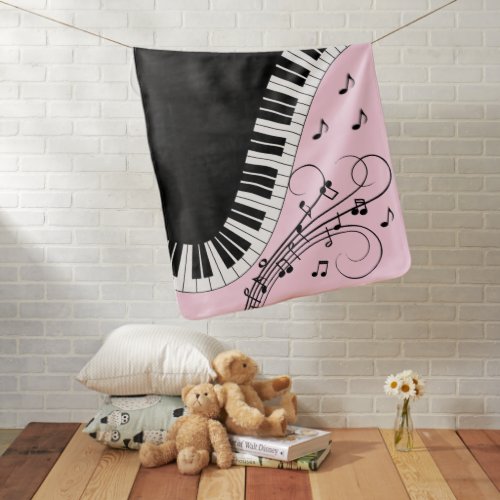 Piano Keyboard Black and White Music Design Pink Baby Blanket