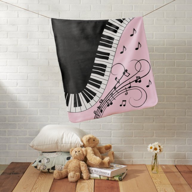 Piano Keyboard Black and White Music Design Pink Baby Blanket (In Situ)