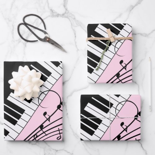 Piano Keyboard Black and White Music Design Pink Wrapping Paper Sheets