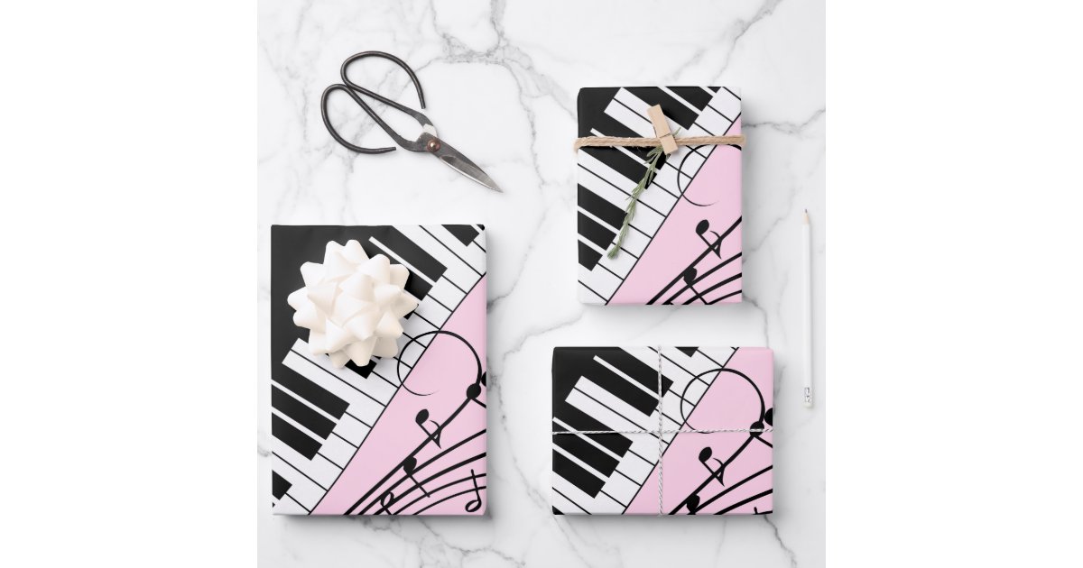 Piano Keyboard Black and White Music Design Pink Wrapping Paper Sheets ...