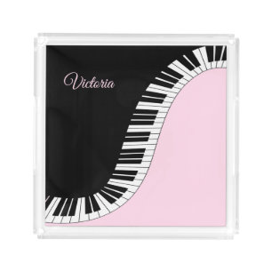 Piano Keyboard Black and White Music Pink Name Acrylic Tray