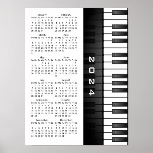 Piano Keyboard Design 2024 Wall Calendar Poster