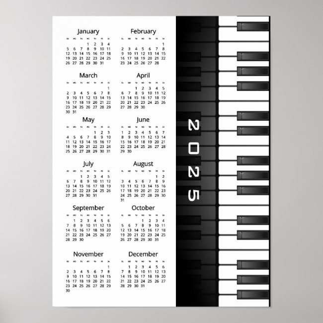 Piano Keyboard Design 2025 Wall Calendar Poster