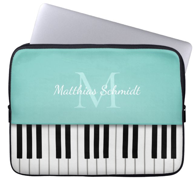 Piano Keyboard Monogrammed Personalized Aqua Laptop Sleeve (Front)